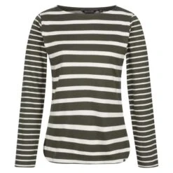 Regatta Camiseta Farida De Rayas De Manga Larga Para Mujer Caqui Oscuro, Vainilla Claro