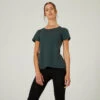 Camiseta Fitness 500 Mujer Verde Melaza Manga Corta Cuello Redondo Algodón