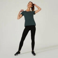 Camiseta Fitness 500 Mujer Verde Melaza Manga Corta Cuello Redondo Algodón -Fitness Tienda camiseta fitness 500 mujer verde melaza manga corta cuello redondo algodon 2