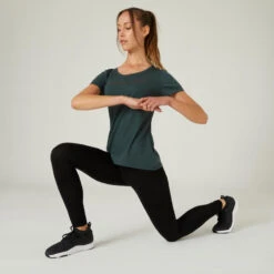 Camiseta Fitness 500 Mujer Verde Melaza Manga Corta Cuello Redondo Algodón -Fitness Tienda camiseta fitness 500 mujer verde melaza manga corta cuello redondo algodon 4