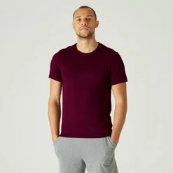 Camiseta Fitness Manga Corta Algodón Extensible Slim Hombre Sepia -Fitness Tienda camiseta fitness manga corta algodon extensible slim hombre burdeos