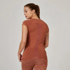 Camiseta Fitness Manga Corta Cuello Pico Algodón Extensible Slim Mujer Sepia -Fitness Tienda camiseta fitness manga corta cuello pico algodon extensible slim mujer sepia 1