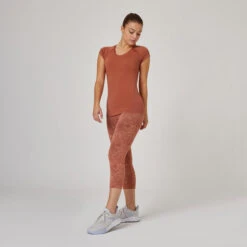 Camiseta Fitness Manga Corta Cuello Pico Algodón Extensible Slim Mujer Sepia -Fitness Tienda camiseta fitness manga corta cuello pico algodon extensible slim mujer sepia 2