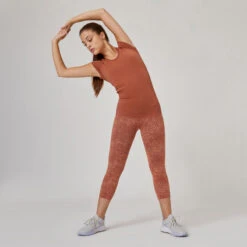 Camiseta Fitness Manga Corta Cuello Pico Algodón Extensible Slim Mujer Sepia -Fitness Tienda camiseta fitness manga corta cuello pico algodon extensible slim mujer sepia 3