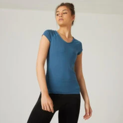 Camiseta Fitness Manga Corta Cuello Pico Algodón Extensible Slim Mujer Sepia -Fitness Tienda camiseta fitness manga corta cuello pico algodon extensible slim mujer turquesa