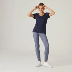 Camiseta Fitness Manga Corta Cuello Redondo Algodón Extensible Mujer Azul Marino -Fitness Tienda camiseta fitness manga corta cuello redondo algodon extensible mujer azul marino 2