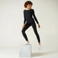 Camiseta Fitness Manga Larga Básica Algodón Mujer Domyos Negro -Fitness Tienda camiseta fitness manga larga basica algodon mujer domyos negro 2