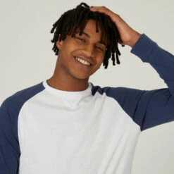 Camiseta Fitness Manga Larga Recta Algodón Hombre Domyos 520 Blanco Y Azul -Fitness Tienda camiseta fitness manga larga recta algodon hombre domyos 520 blanco y azul 2