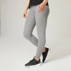 Leggings Mallas Fitness Algodón Efecto Vientre Plano Mujer Domyos Fit 500 Gris
