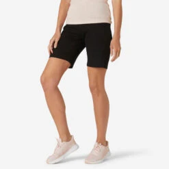 Mallas Short Fitness Algodón Recto Con Bolsillo Mujer Domyos Negro
